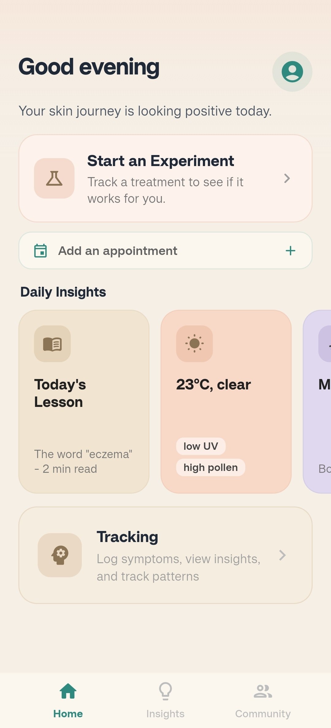 myEczemaApp home screen showing your skin journey, experiments, daily insights and tracking
